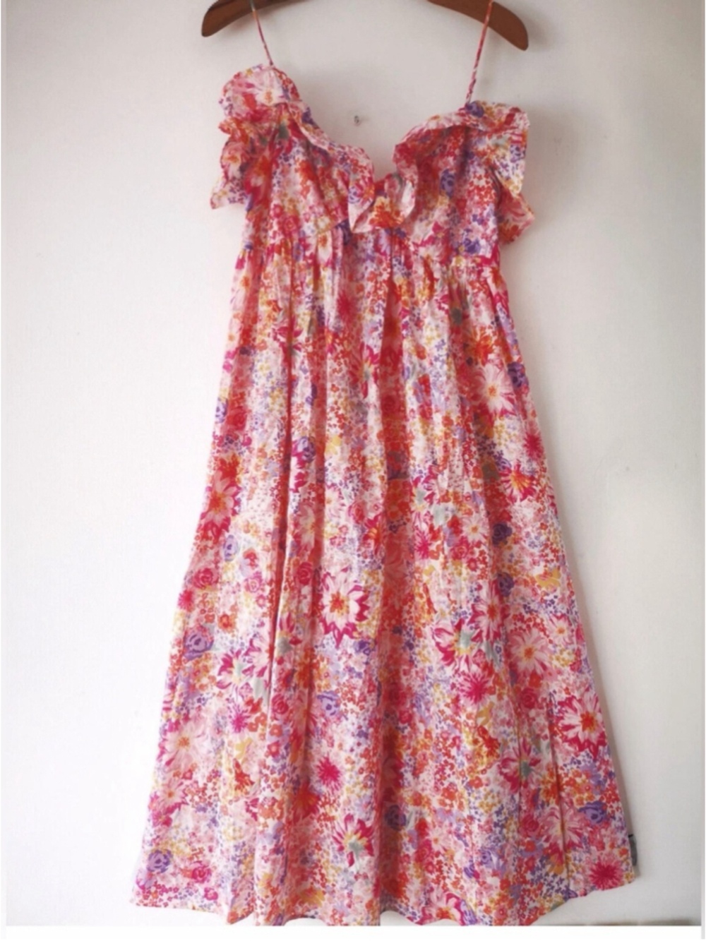 H&M Floral Ruffle Maxi Dress Pink Orange Romantic Cottagecore Size L NWT